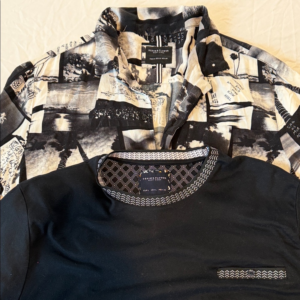 2 Denim &Flower shirts. One graphic button up(M) other black with trimming (L)